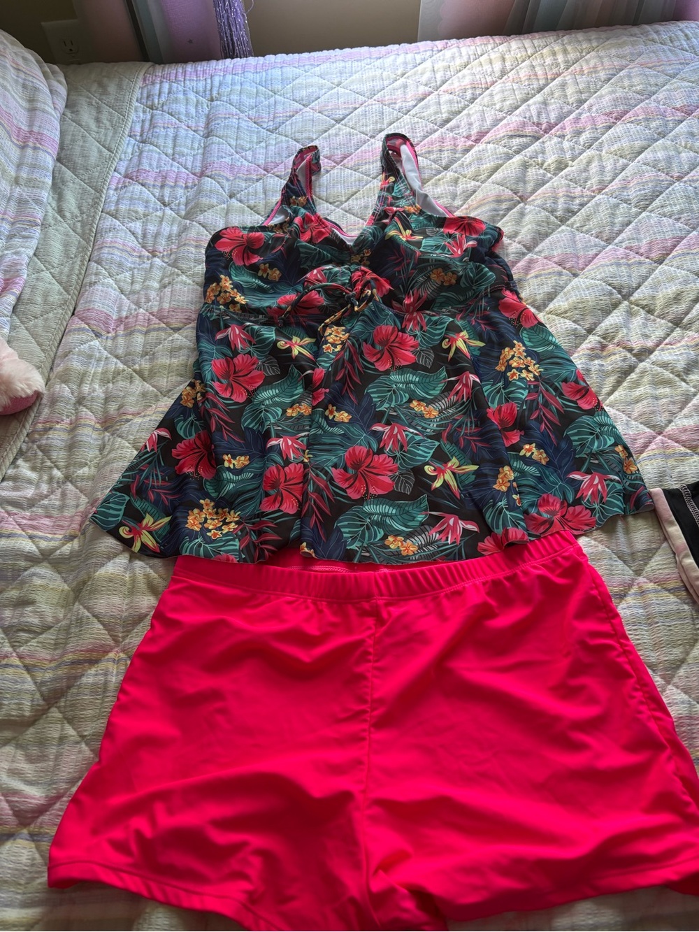 Tropical Floral Swim Coverup Tank with Hot Pink Swim Shorts